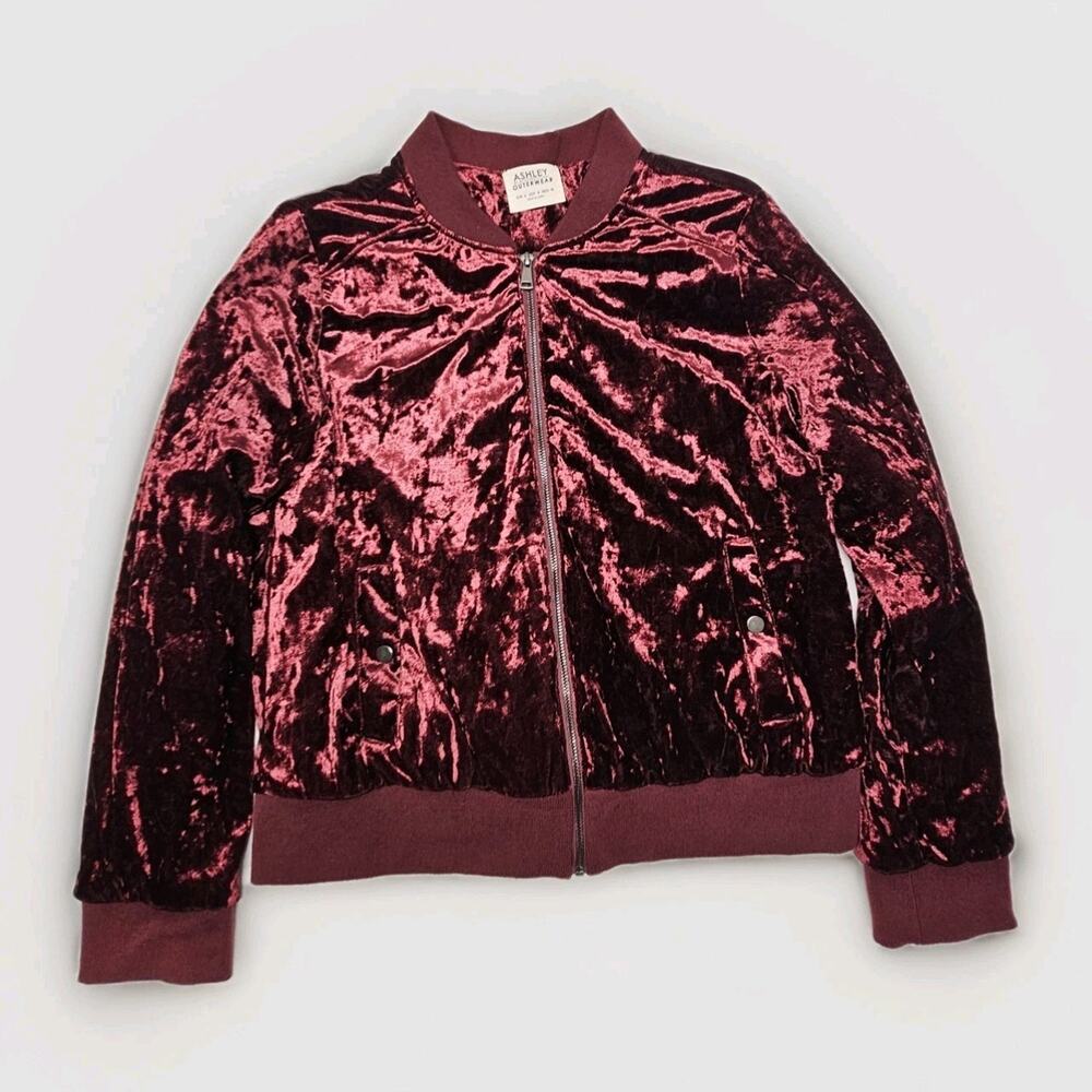 Ashley Outerwear Burgundy Crushed Velvet Bomber Jacket Women's Size Large